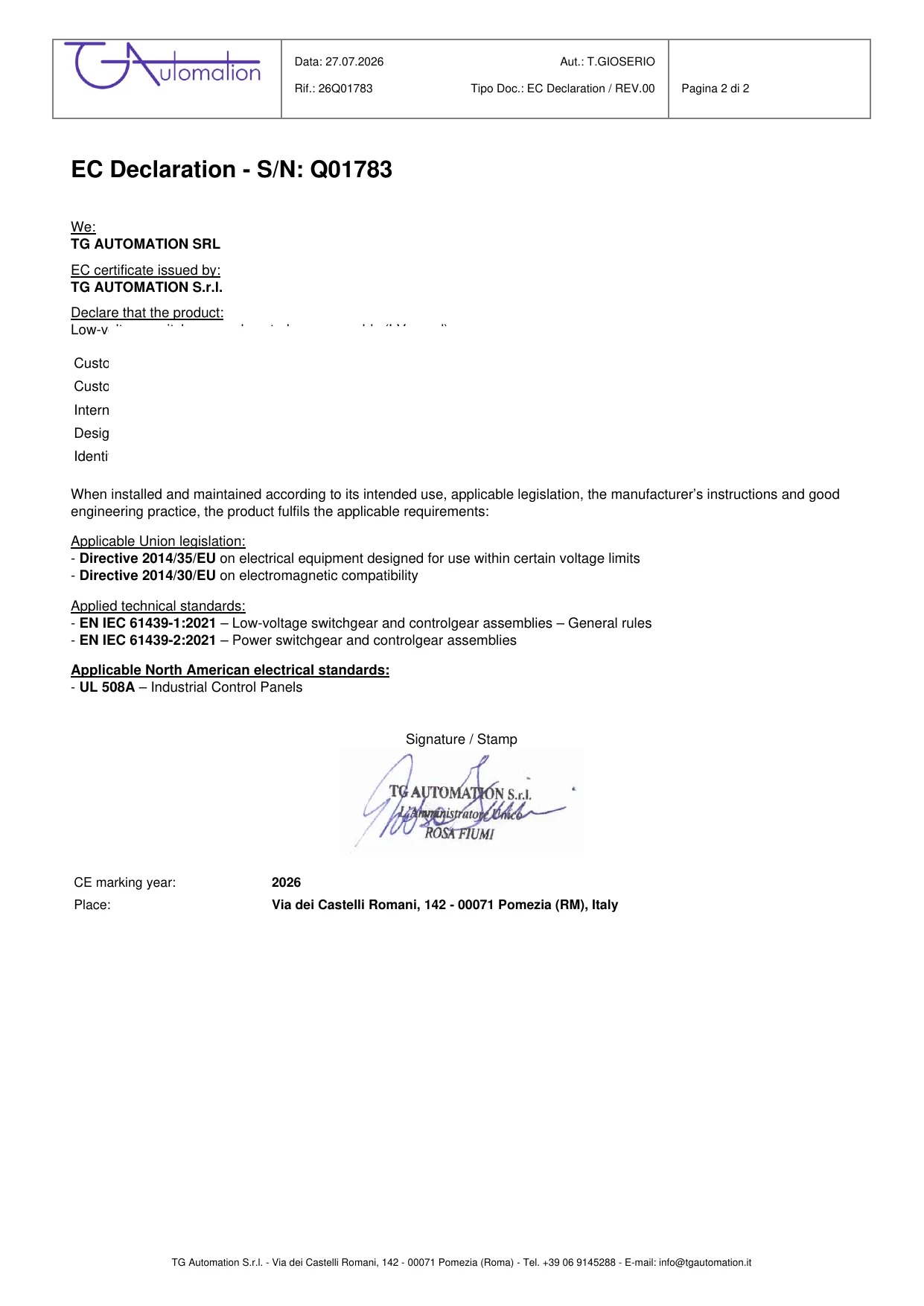 Conformità normativa della dichiarazione CE