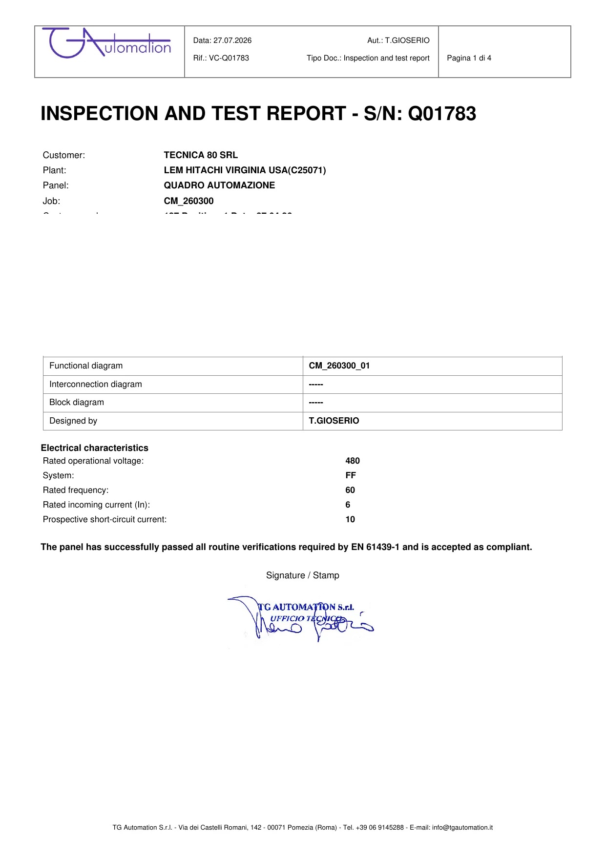 Esempio di rapporto di ispezione e collaudo pagina 1
