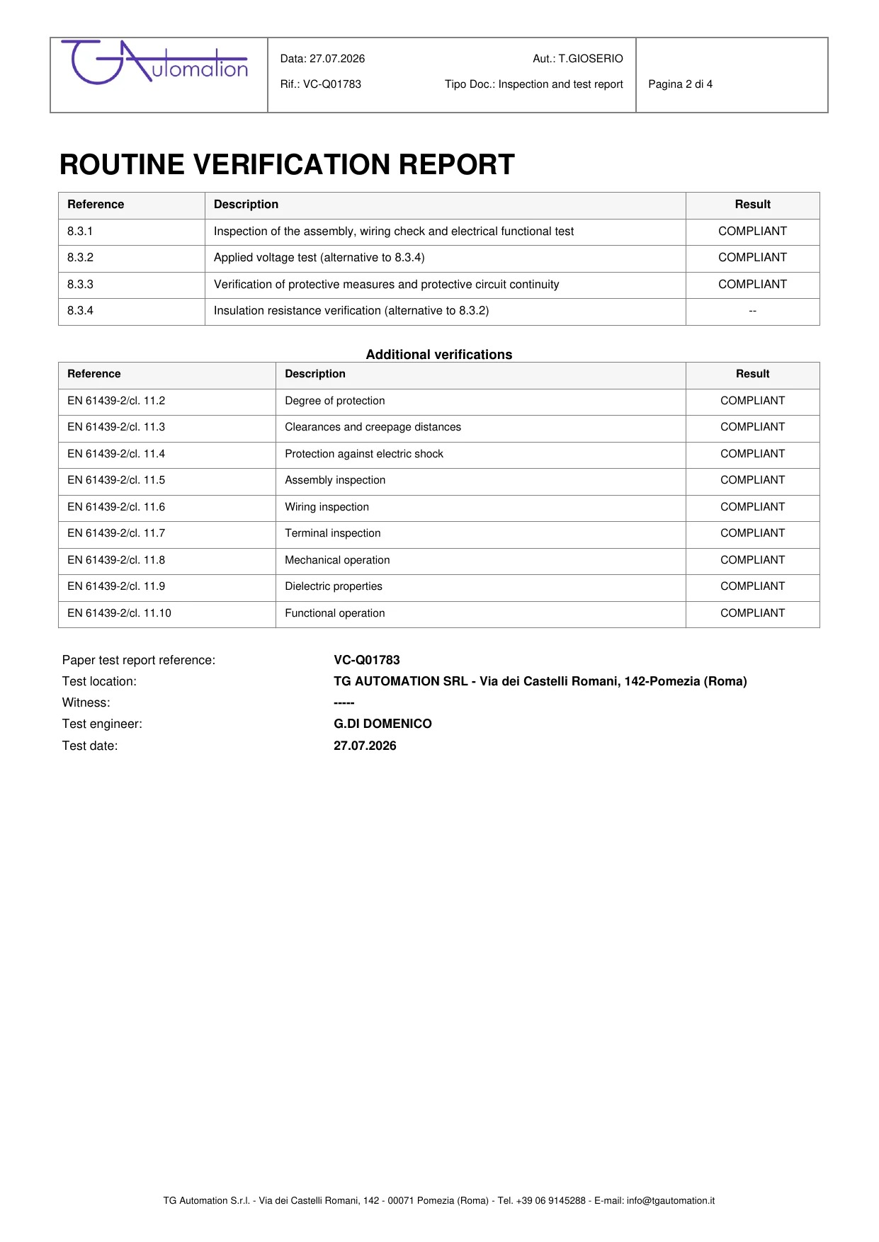 Esempio di rapporto delle verifiche di routine