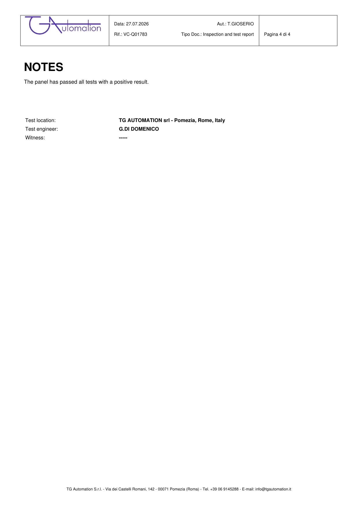 Note finali del rapporto di collaudo